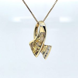 14K Yellow Gold Ribbon Pendant w/ Quartz, Gold Matrix Inlay & 5 RBC Diamonds