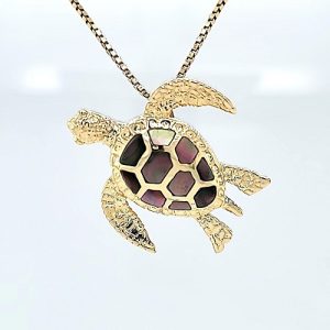 14K Yellow Gold 32.75mm Turtle Pendant w/ Abalone Shell Inlay