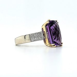 14K White & Yellow Gold 13x10mm Rectangular Cut Amethyst & 12 Diamond Ring