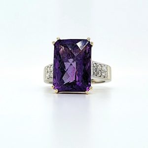 14K White & Yellow Gold 13x10mm Rectangular Cut Amethyst & 12 Diamond Ring