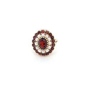 10K Yellow Gold Garnet & Pearl Double Halo Ring
