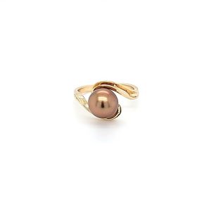 14K Yellow Gold 9mm Golden Brown Cultured Pearl Offset Solitaire Ring