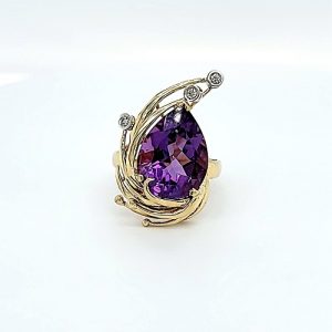 14K Yellow Gold 16mm Pear Shape Amethyst & 3 Diamond Accent Spray Style Ring