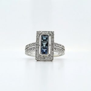 14K White Gold 3 Square Cut Sapphire & 40 Diamond Accent Halo Ring