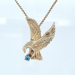 14K Yellow Gold 27mm Eagle Slider Pendant w/ 3mm Round Blue Topaz