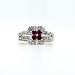 14K White Gold 4 Created Rubies & 32 Pave Set Diamond Ring