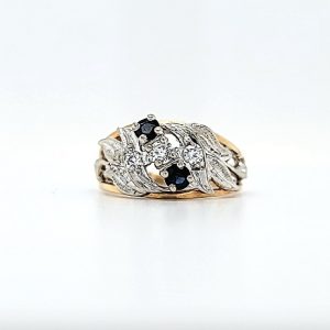 14K Yellow & White Gold 2 Sapphire & 3 Diamond Floral Style Ring