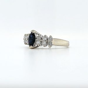 14K White Gold Marquise Sapphire & 12 Diamond Ring