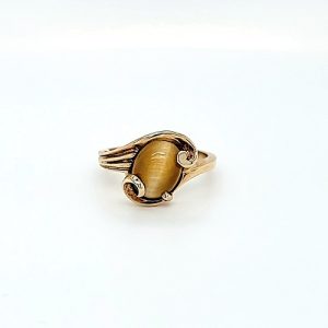 10K Yellow Gold 9x7mm Tigers Eye Offset Ring