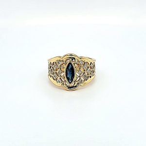 18K Yellow Gold Lattice Ring w/ Marquise Blue Sapphire & 26 Diamonds
