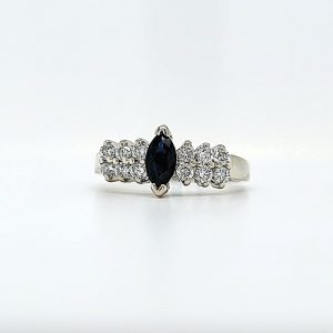 14K White Gold Marquise Sapphire & 12 Diamond Ring