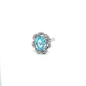 14K White Gold Oval Blue Topaz & 14 Diamond Halo Floral Ring 