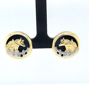 Pair of Silvia Kelly 18K Yellow Gold Horse Motif Omega Earrings w/ Onyx & Diamonds