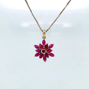 14K Yellow Gold Thirteen Ruby Floral Pendant