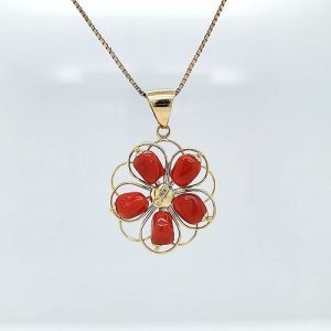 18K Yellow Gold 5 Piece Coral Floral Pendant 