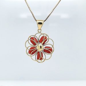 18K Yellow Gold 5 Piece Coral Floral Pendant 