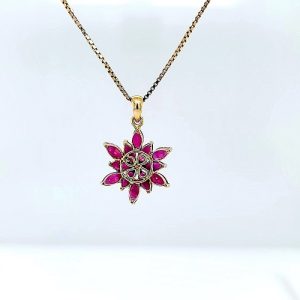 14K Yellow Gold Thirteen Ruby Floral Pendant