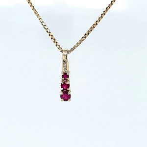 14K Yellow Gold 3 Graduated Size Round Rubies & 2 Diamond Accent Pendant