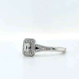 Vera Wang 14K White Gold Engagement Ring .20CT Emerald Cut Diamond Centre, 30 RBC Diamond Halo & 2 Princess Cut Sapphires 