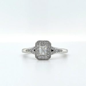 Vera Wang 14K White Gold Engagement Ring .20CT Emerald Cut Diamond Centre, 30 RBC Diamond Halo & 2 Princess Cut Sapphires 