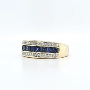 14K Yellow Gold Ring w/ Created Square Blue Sapphires & Double Row RBC Diamonds