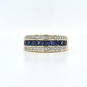 14K Yellow Gold Ring w/ Created Square Blue Sapphires & Double Row RBC Diamonds