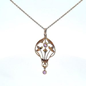 Antique 9K 16″ Amethyst & Seed Pearl Dangle Necklace