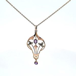 Antique 9K 16″ Amethyst & Seed Pearl Dangle Necklace