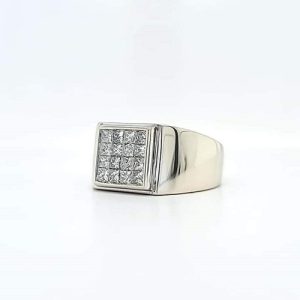 14K White Gold 16 Princess Cut Diamond Signet Style Ring