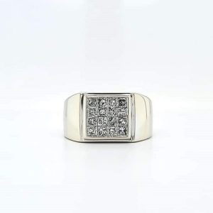 14K White Gold 16 Princess Cut Diamond Signet Style Ring