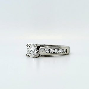 18K White Gold & Platinum Engagement Ring w/  .74CT RBC Diamond Centre & 10 Channel Set Diamonds