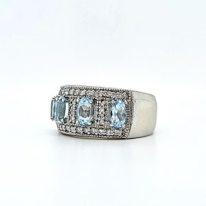 14K White Gold 38 Diamond & 4 Oval Aquamarine Band Style Ring