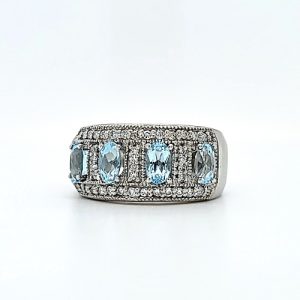 14K White Gold 38 Diamond & 4 Oval Aquamarine Band Style Ring