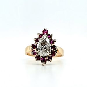 14K Yellow & White Gold Ring w/ 1.27CT Pear Shaped Diamond & 12 Natural Rubies