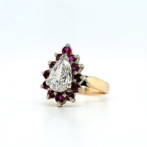 14K Yellow & White Gold Ring w/ 1.27CT Pear Shaped Diamond & 12 Natural Rubies