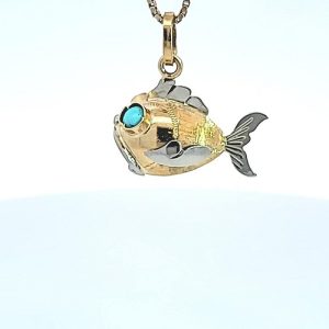 18K Yellow & White Gold 12.5mm Fish Charm/Pendant w/ Turquoise Eyes