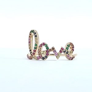 14K Yellow Gold Pave Set Multi Gemstone “Love” Ring
