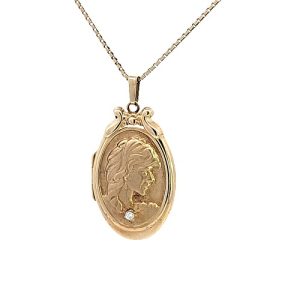 10K Yellow Gold 30mm Oval Cameo w/ 1 Diamond Necklace Pendant