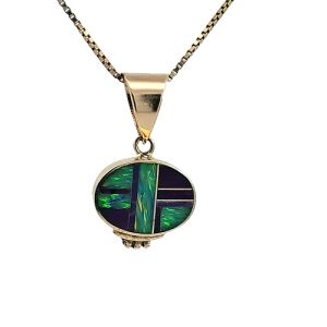 14K Yellow Gold Navajo Style Pendant w/ Opal & Sugilite Inlay