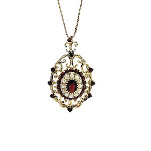 10K Yellow Gold Floral Garnet & Pearl Pendant/Brooch
