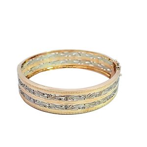 14K Tri- Gold Floral Cut Hinged Bangle