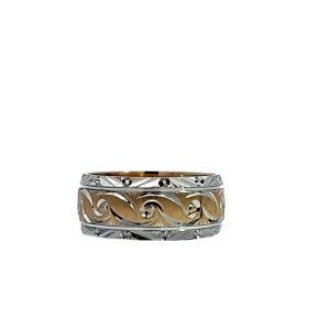 14K White & Yellow Gold 8mm Satin & Laser Carved Pattern Band Style Ring