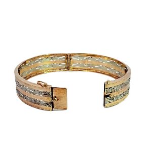 14K Tri- Gold Floral Cut Hinged Bangle