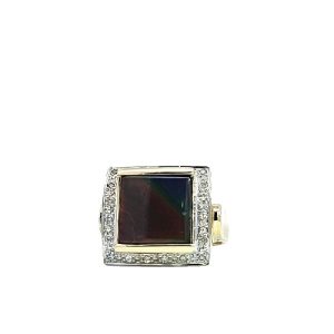 14K Yellow & White Gold Signet Style Ring w/ Square Ammolite & Diamonds