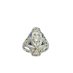 18K White Gold Art Deco Style Ring w/ Synthetic Triangle Sapphires & Diamonds
