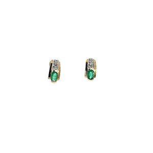 Pair of 10K Yellow Gold Emerald & Diamond Stud Earrings
