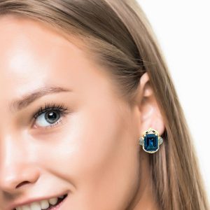 14K Yellow Gold Emerald Cut Blue Topaz & Diamond Stud Earrings