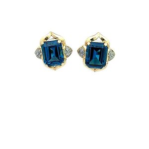 14K Yellow Gold Emerald Cut Blue Topaz & Diamond Stud Earrings