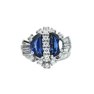 Platinum Half Moon Cut Sapphire & Multi Cut Diamond Cluster Ring