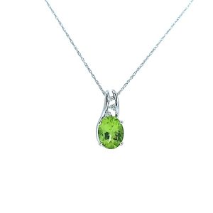 14K White Gold Oval Peridot & 3 RBC Diamond Accent Pendant